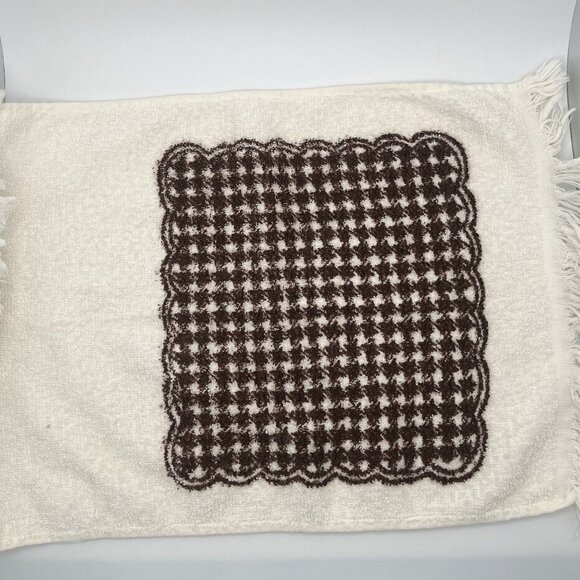 Vintage 70s MCM Flower Brown White Hand Towels Boho Groovy Fringe Set Of 3 - Picture 4 of 6